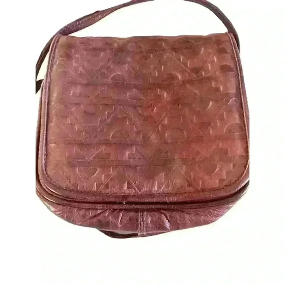 Bass Burgundy Crossbody Bag, Embossed Leather Southwest Symbol Designs - Picture 2 of 5